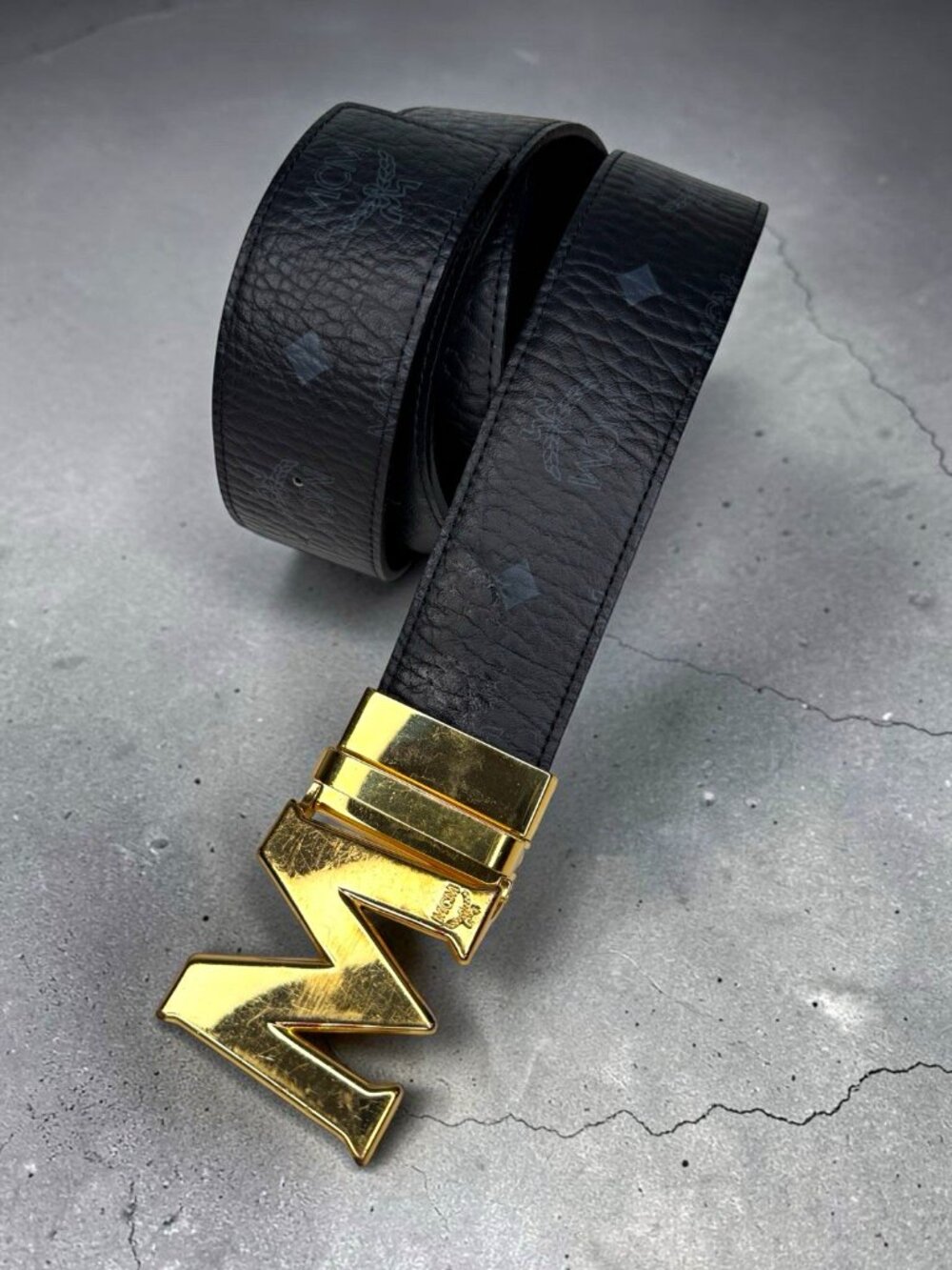 MCM 49" Claus M Reversible Belt Black Visetos Nappa Leather Gold Buckle
